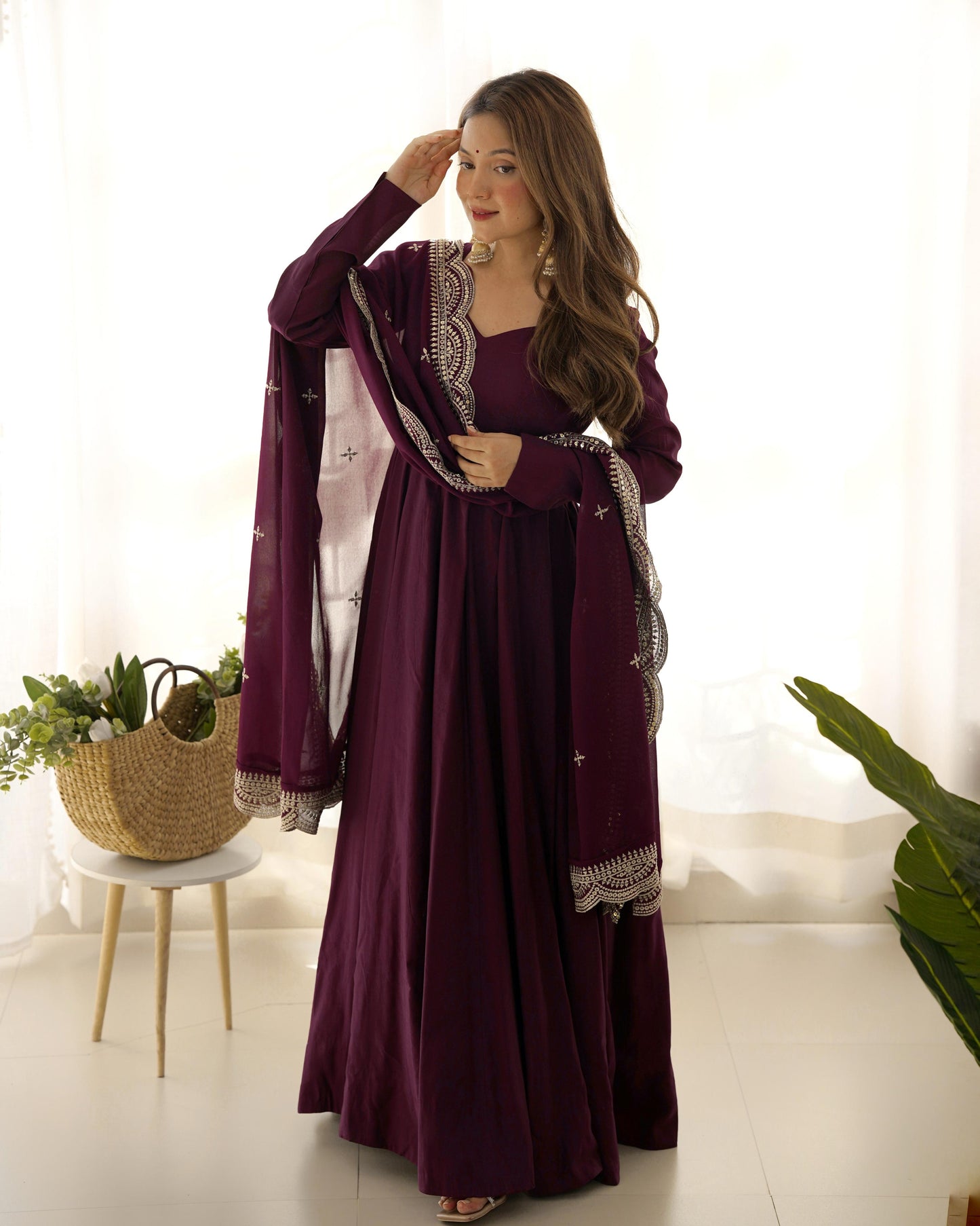 Wine color roman silk chanderi anarkali gown for women 