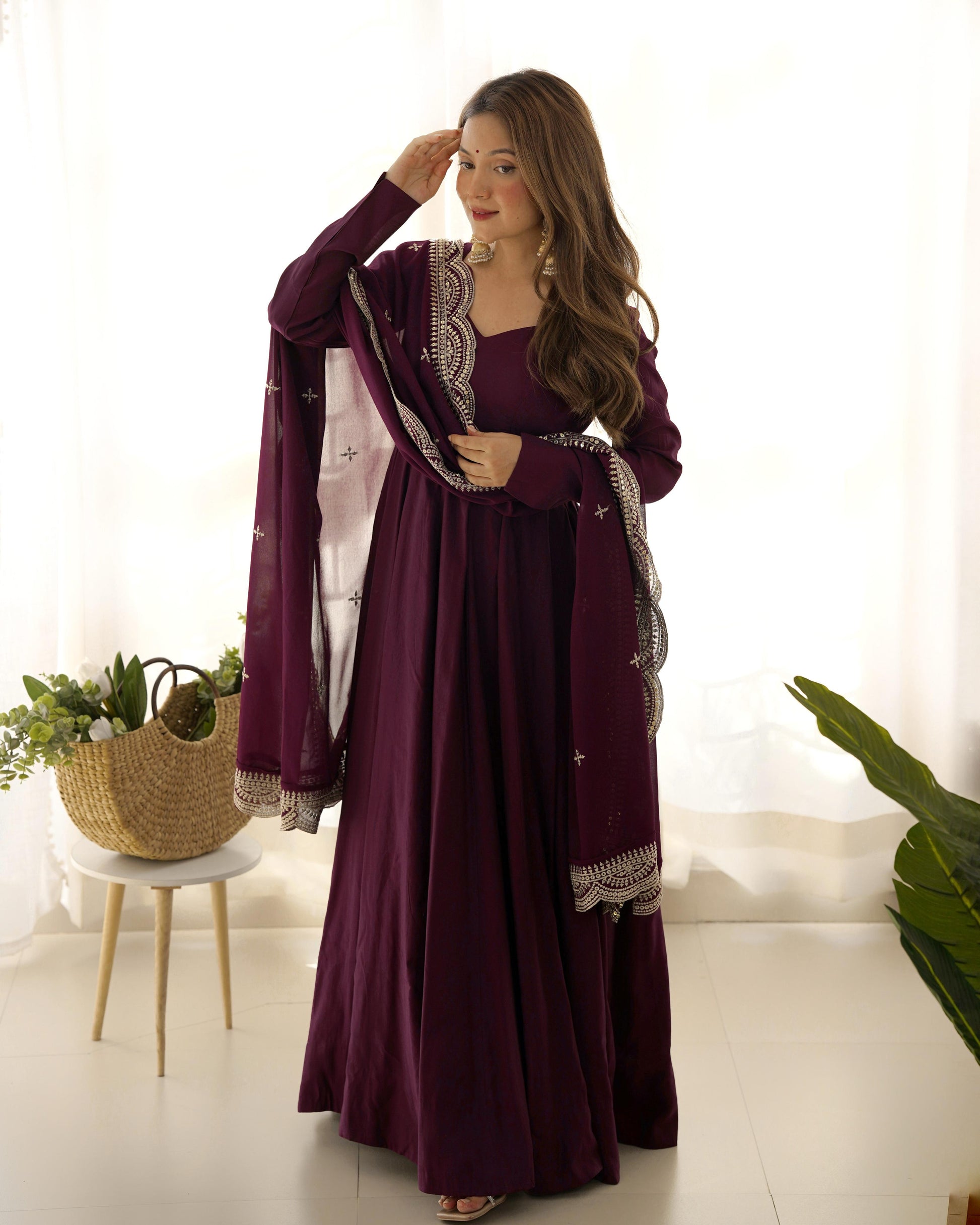 Wine color roman silk chanderi anarkali gown for women 