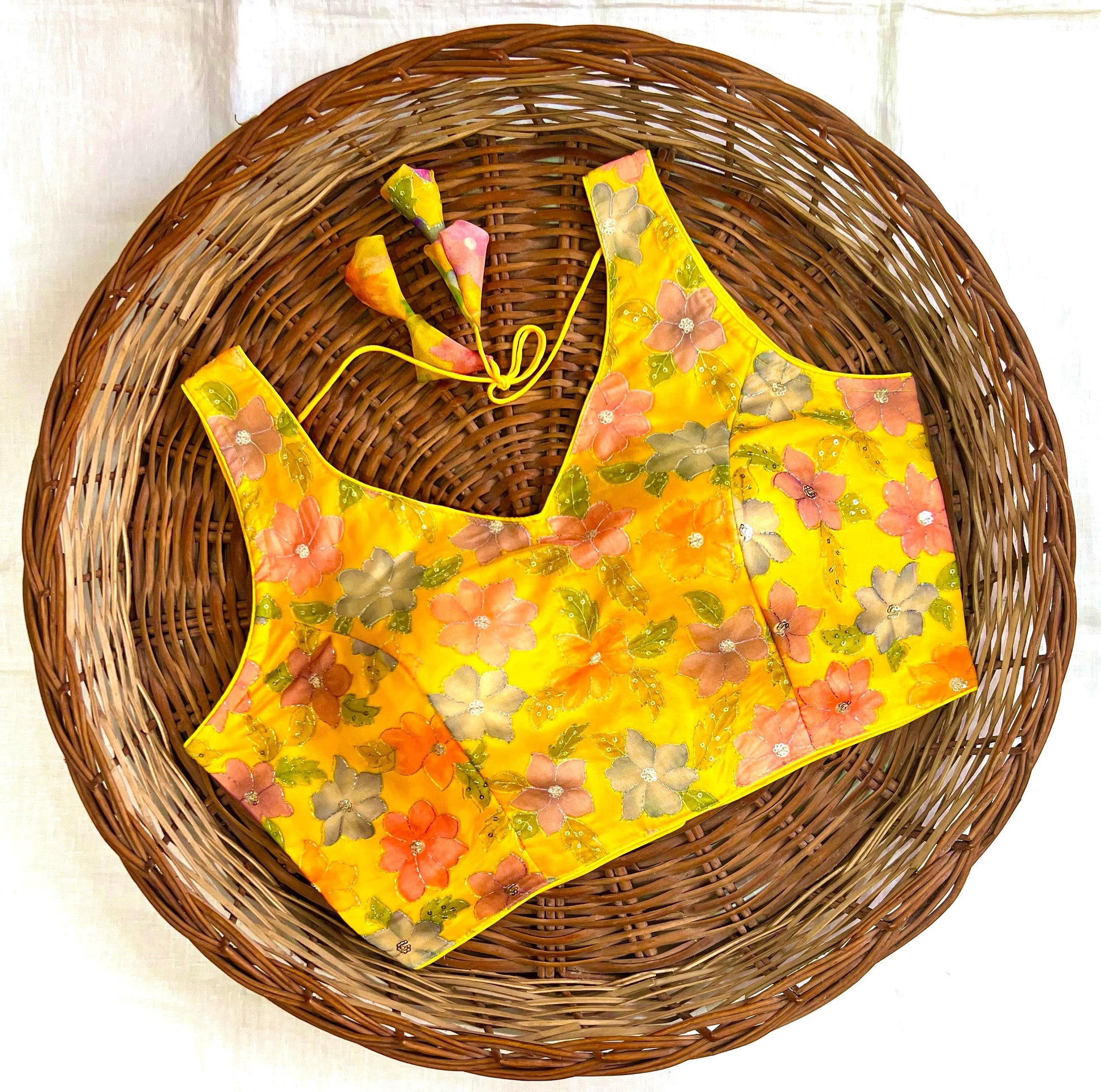 Yellow color organza silk blouse for haldi rasam