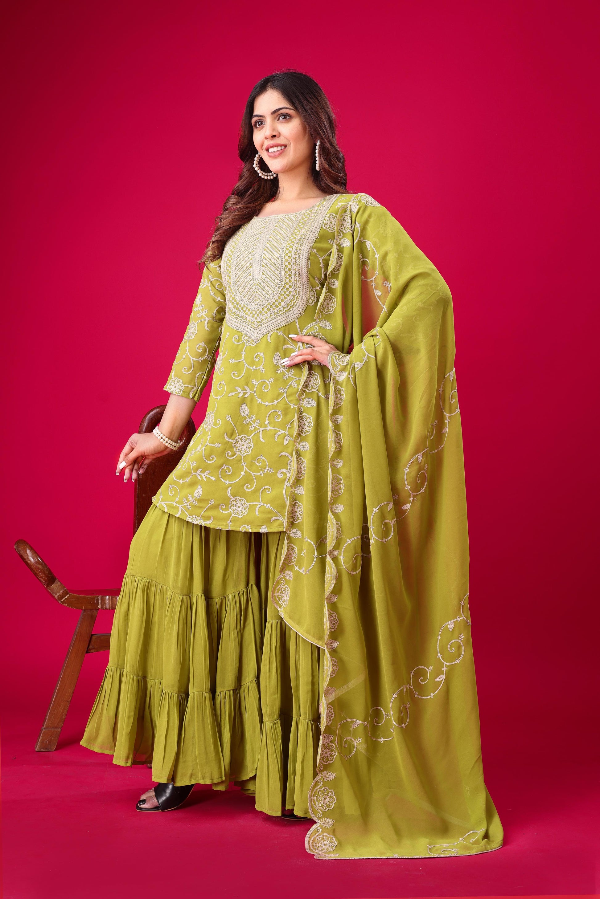 Green color georgette sharara suit with online