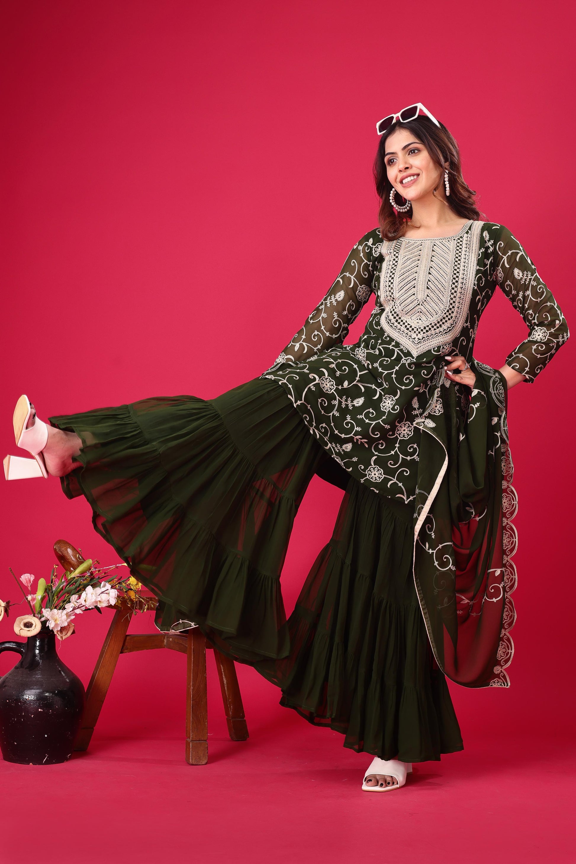 Green color georgette sharara suit with dupatta