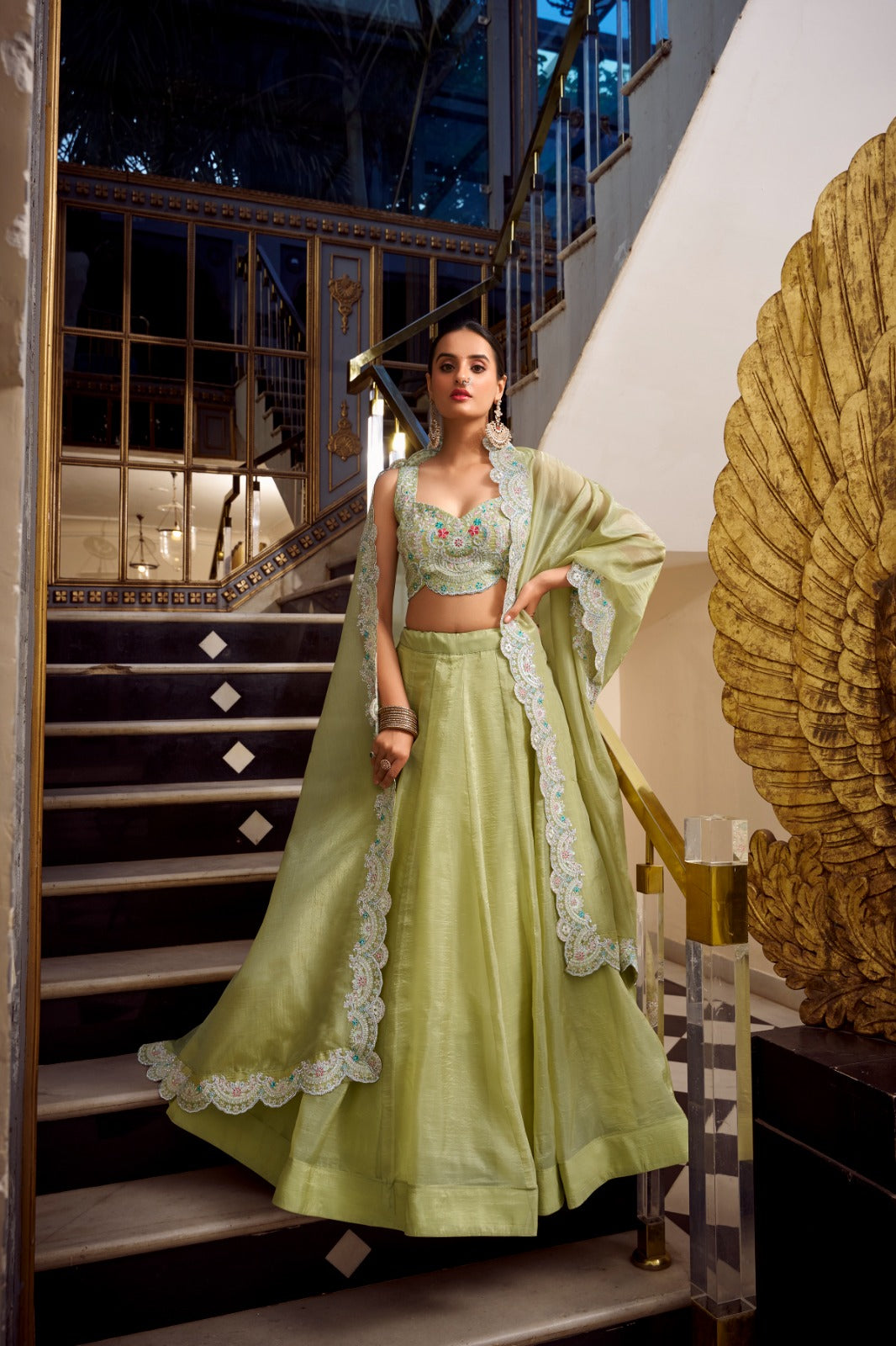 Pista color gold crush lehenga choli for women