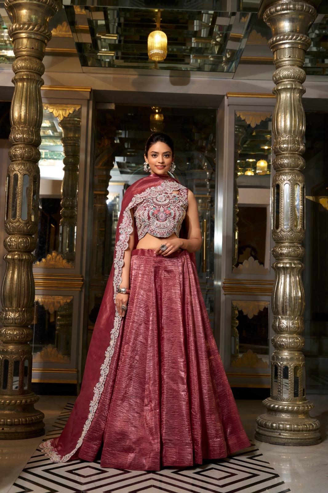 Rust color gold crush lehenga choli for women
