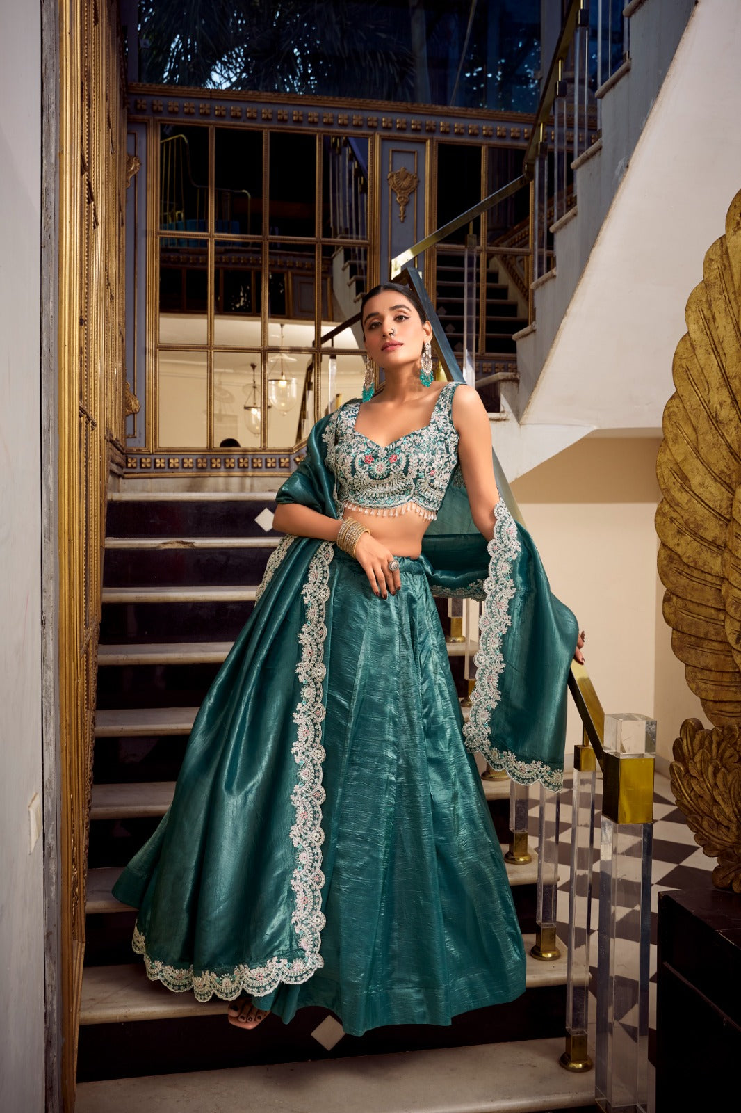 Teal color gold crush lehenga choli for women