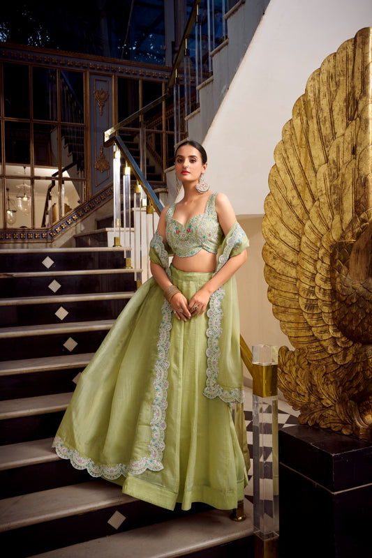 Pista color gold crush lehenga choli for wedding