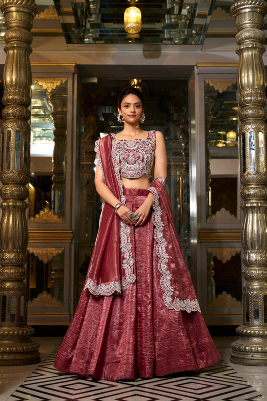 Rust color gold crush lehenga choli for wedding
