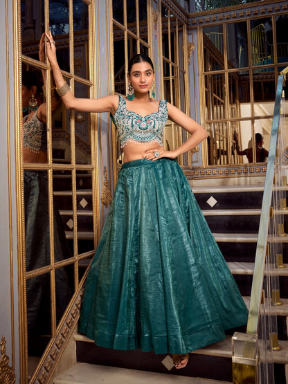Teal color gold crush lehenga choli for wedding