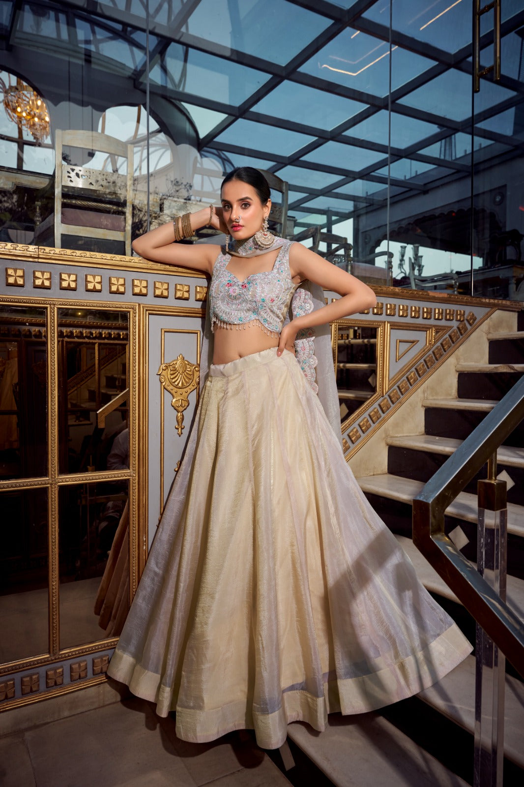 Cream color gold crush lehenga choli for wedding