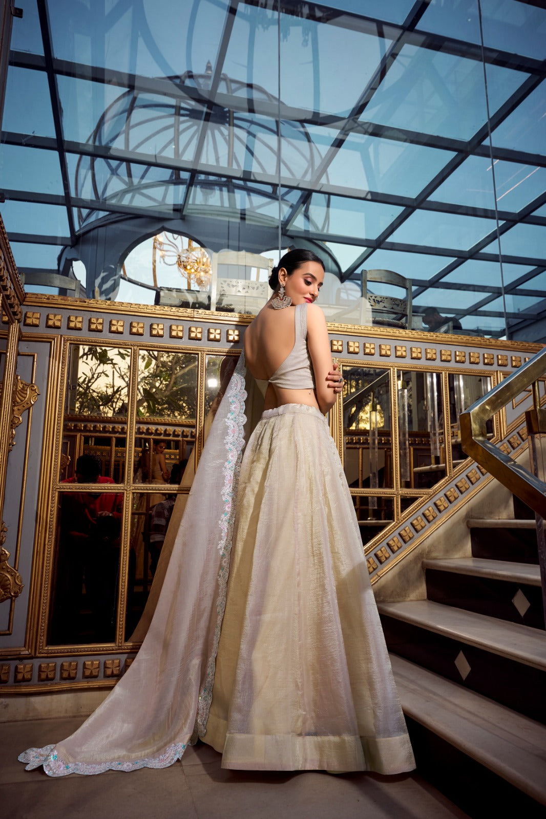 Cream color gold crush lehenga choli with dupatta 