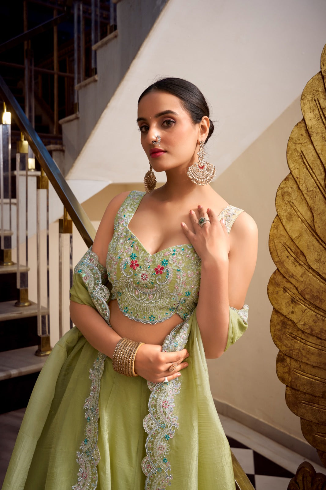 Pista color gold crush lehenga choli with dupatta online