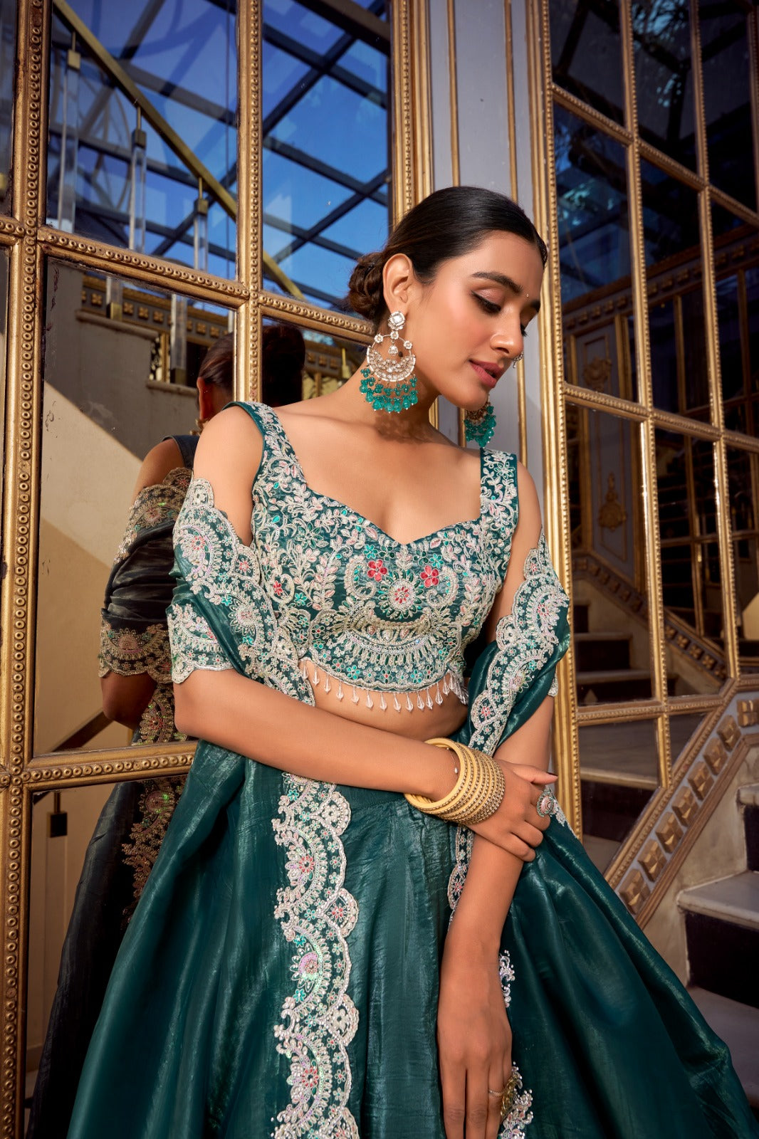 Teal color gold crush lehenga choli price