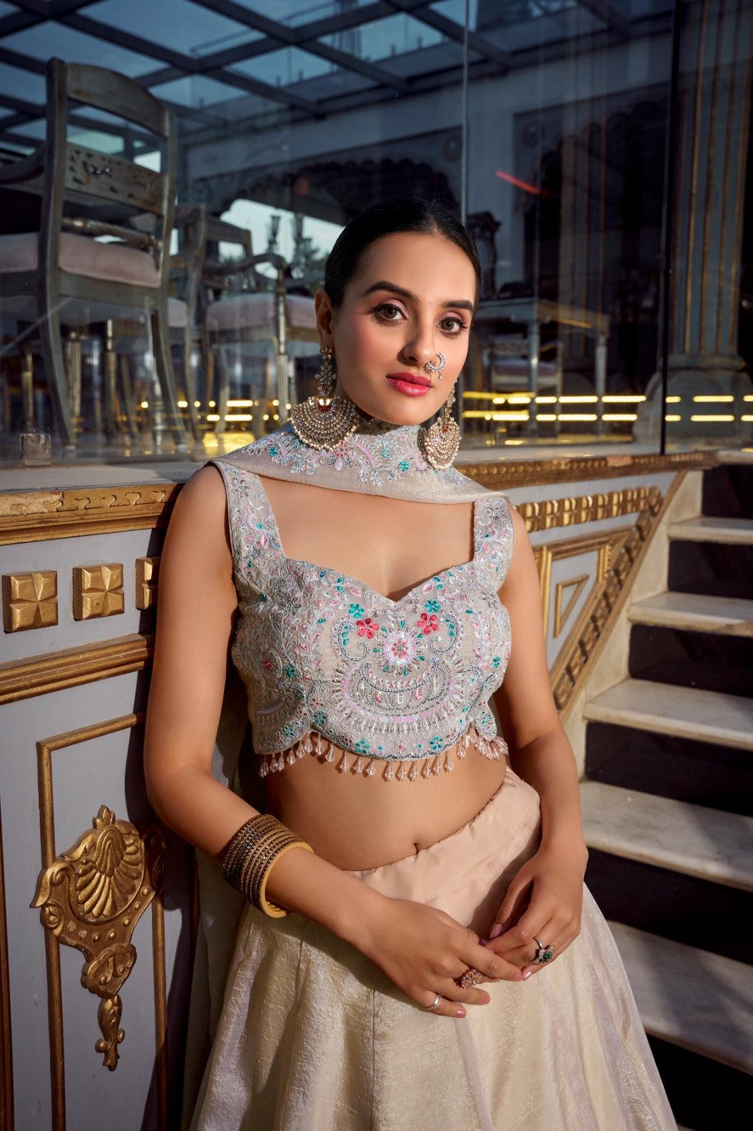 Cream color gold crush lehenga choli with dupatta online