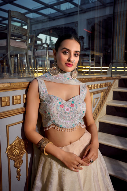 Cream color gold crush lehenga choli with dupatta online