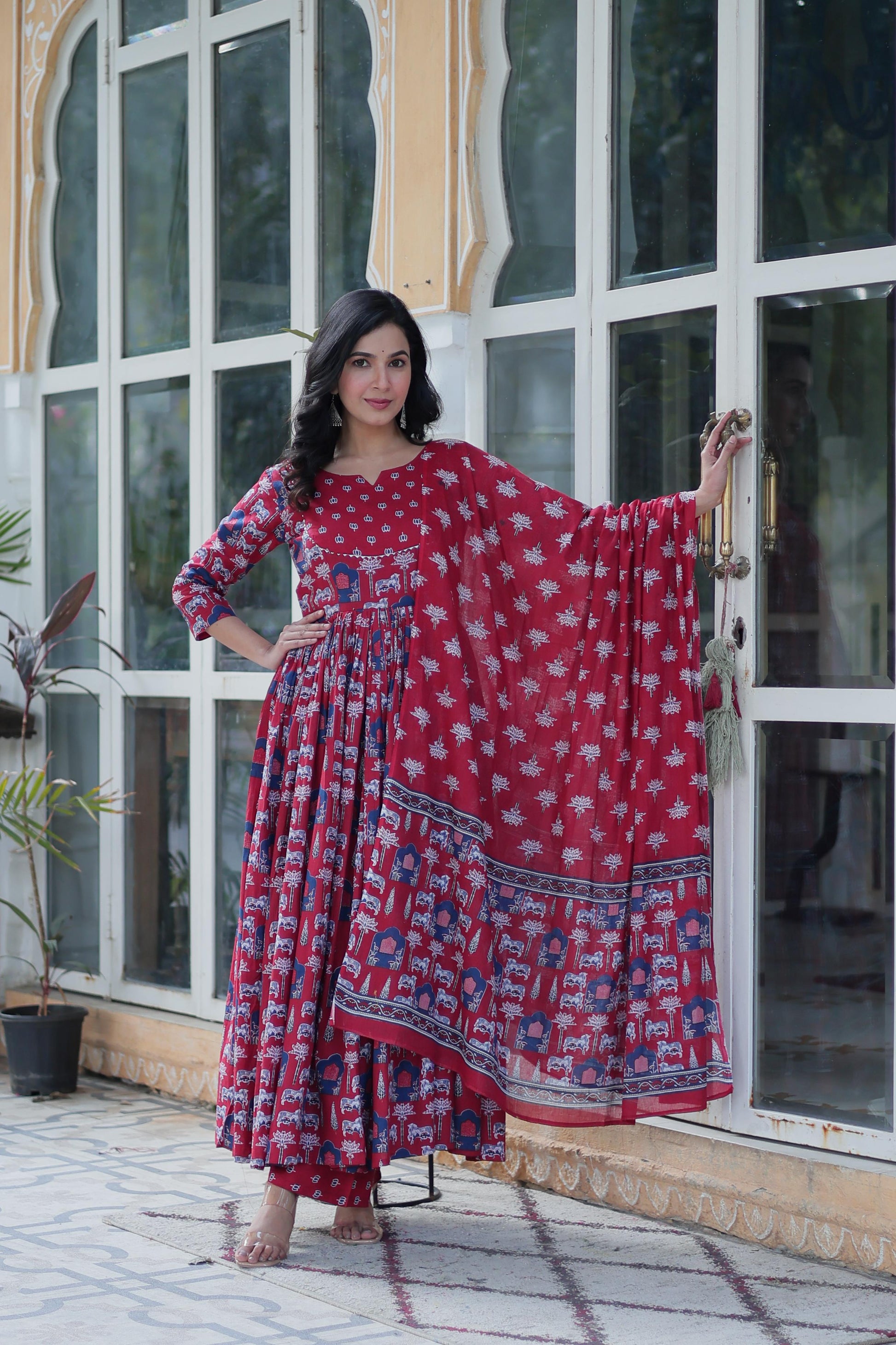Elegant Maroon Color Cotton Readymade Long Dress For Ethnic Wear M / Maroon