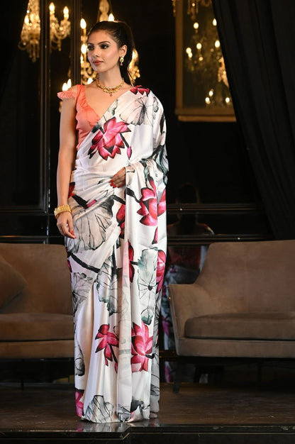 White color japan satin saree for women with price
