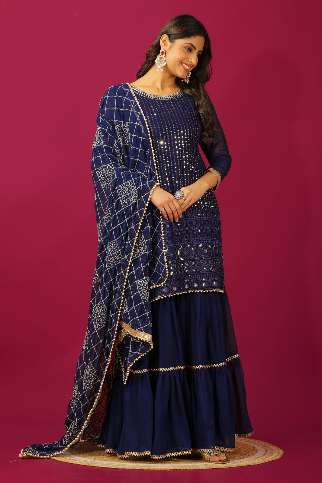 Navy blue color georgette sharara suit for wedding