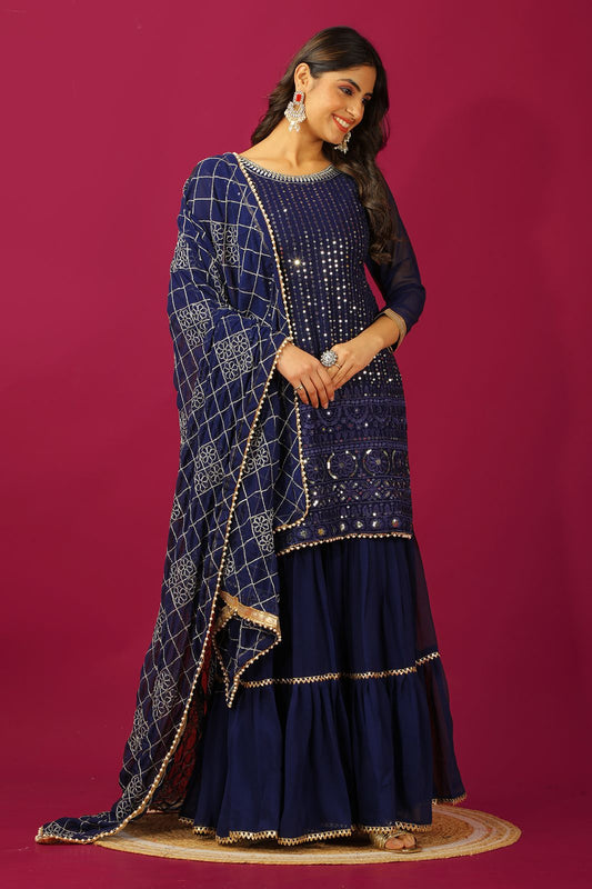 Navy blue color georgette sharara suit for wedding