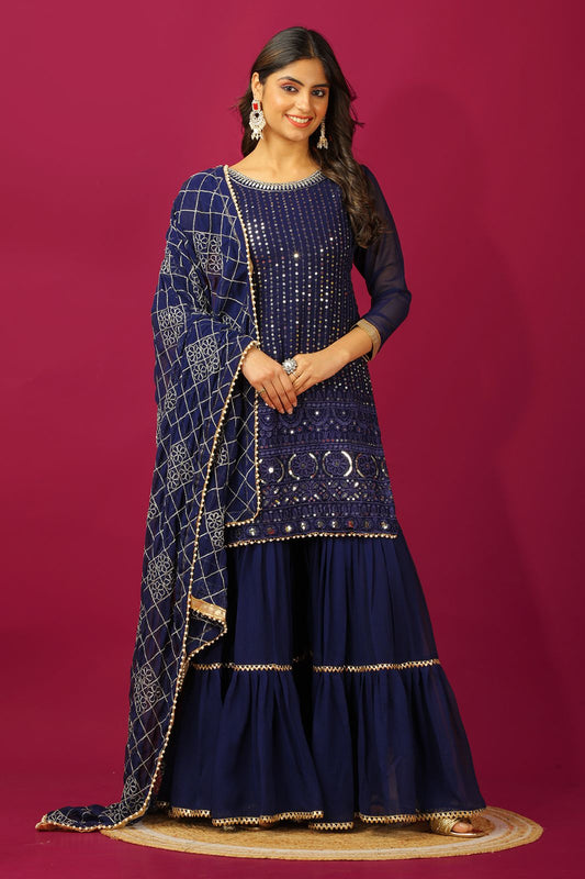 Navy blue color georgette sharara suit for women
