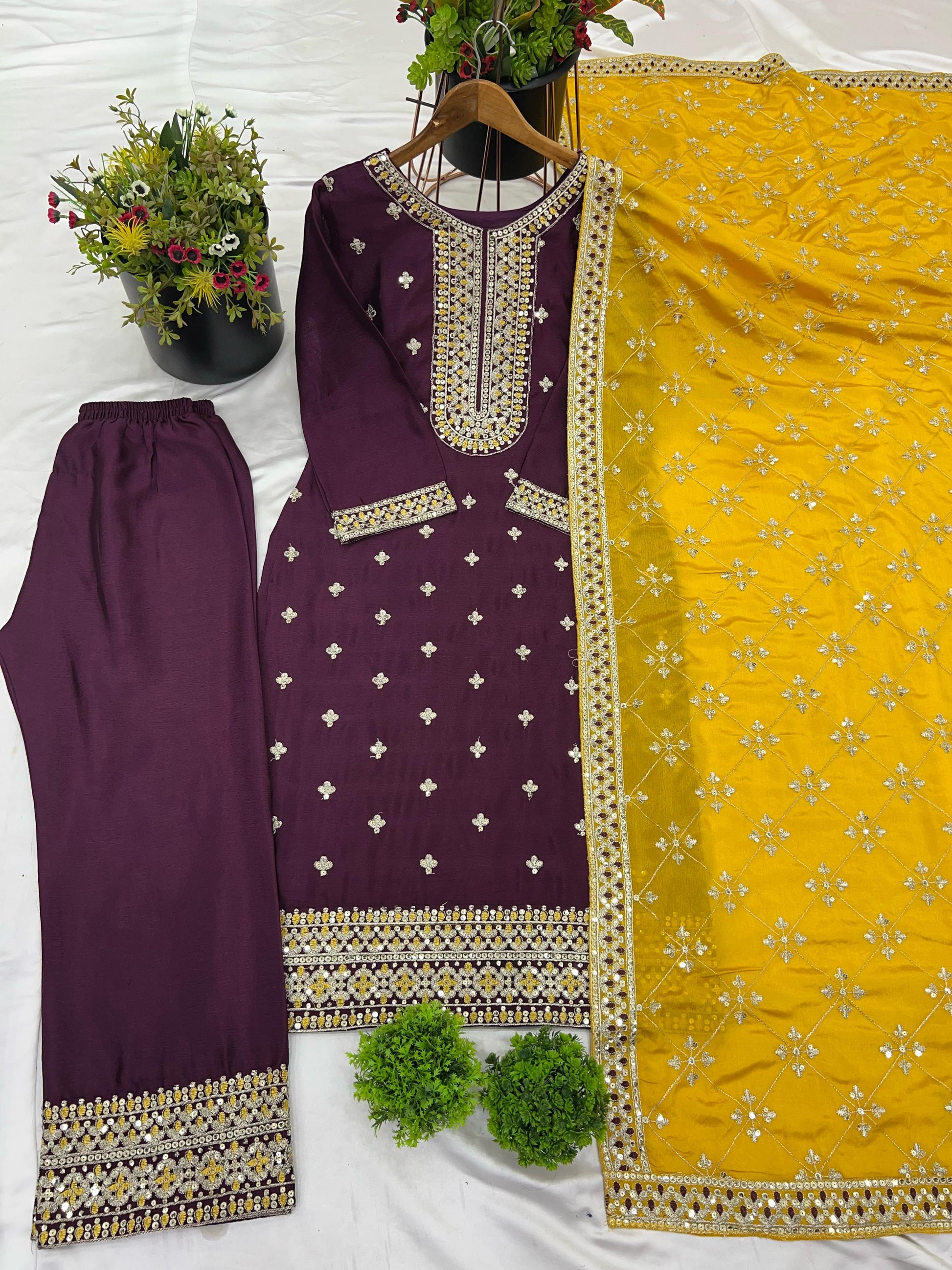 Purple color chinon silk salwar suit for women