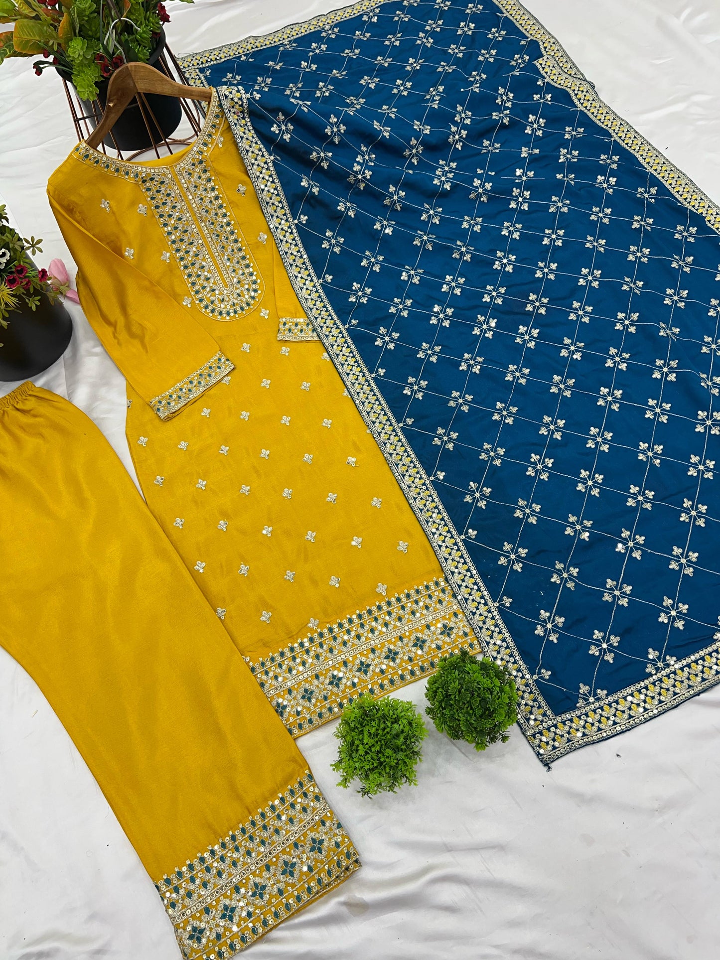 Yellow color chinon silk salwar suit with dupatta online