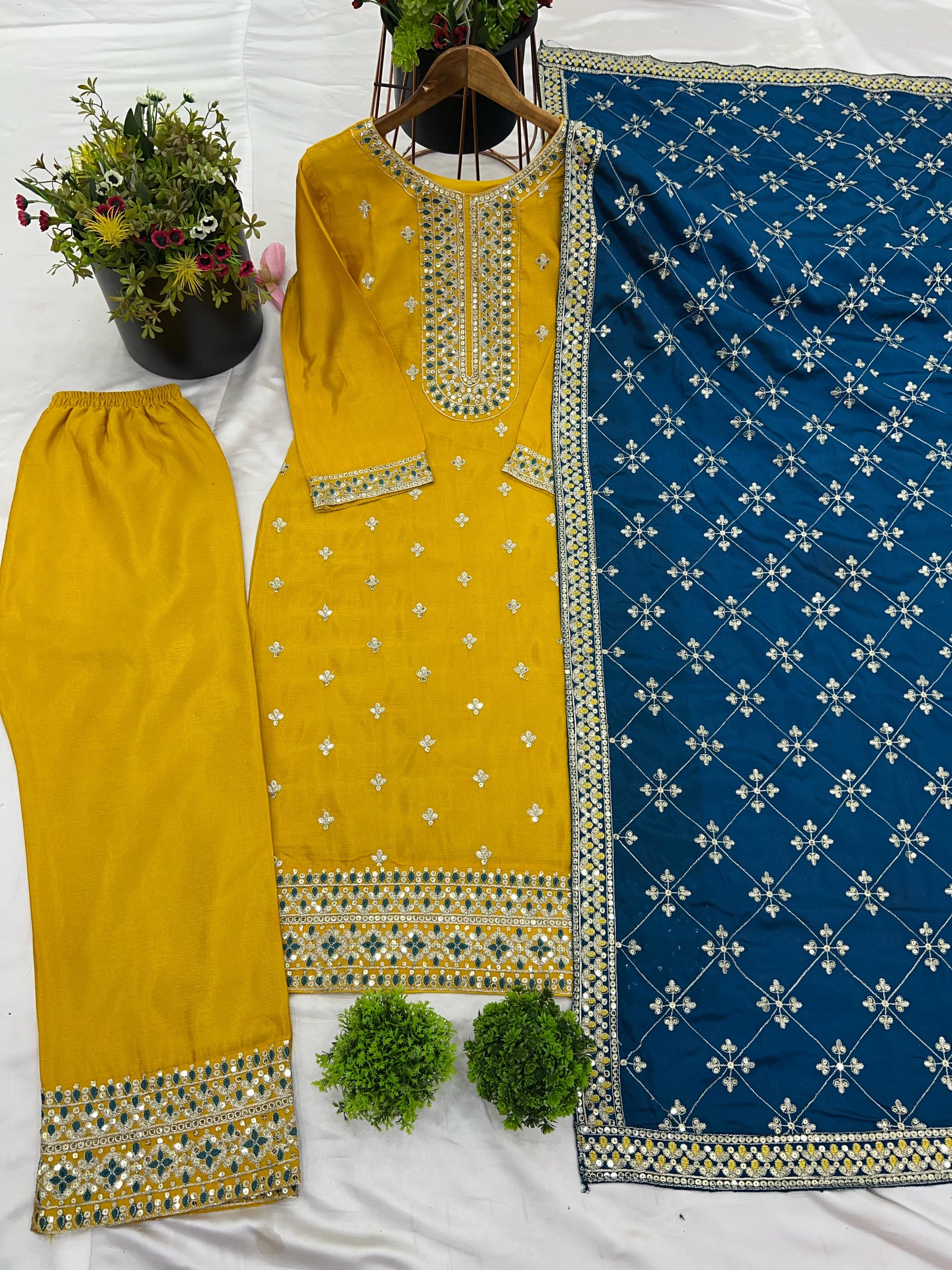 Yellow color chinon silk salwar suit with dupatta