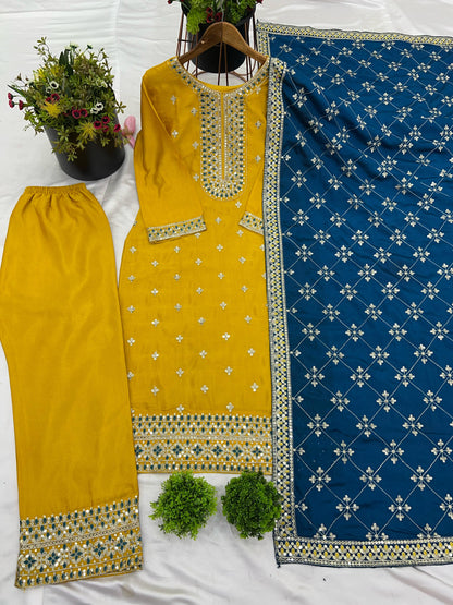 Yellow color chinon silk salwar suit with dupatta