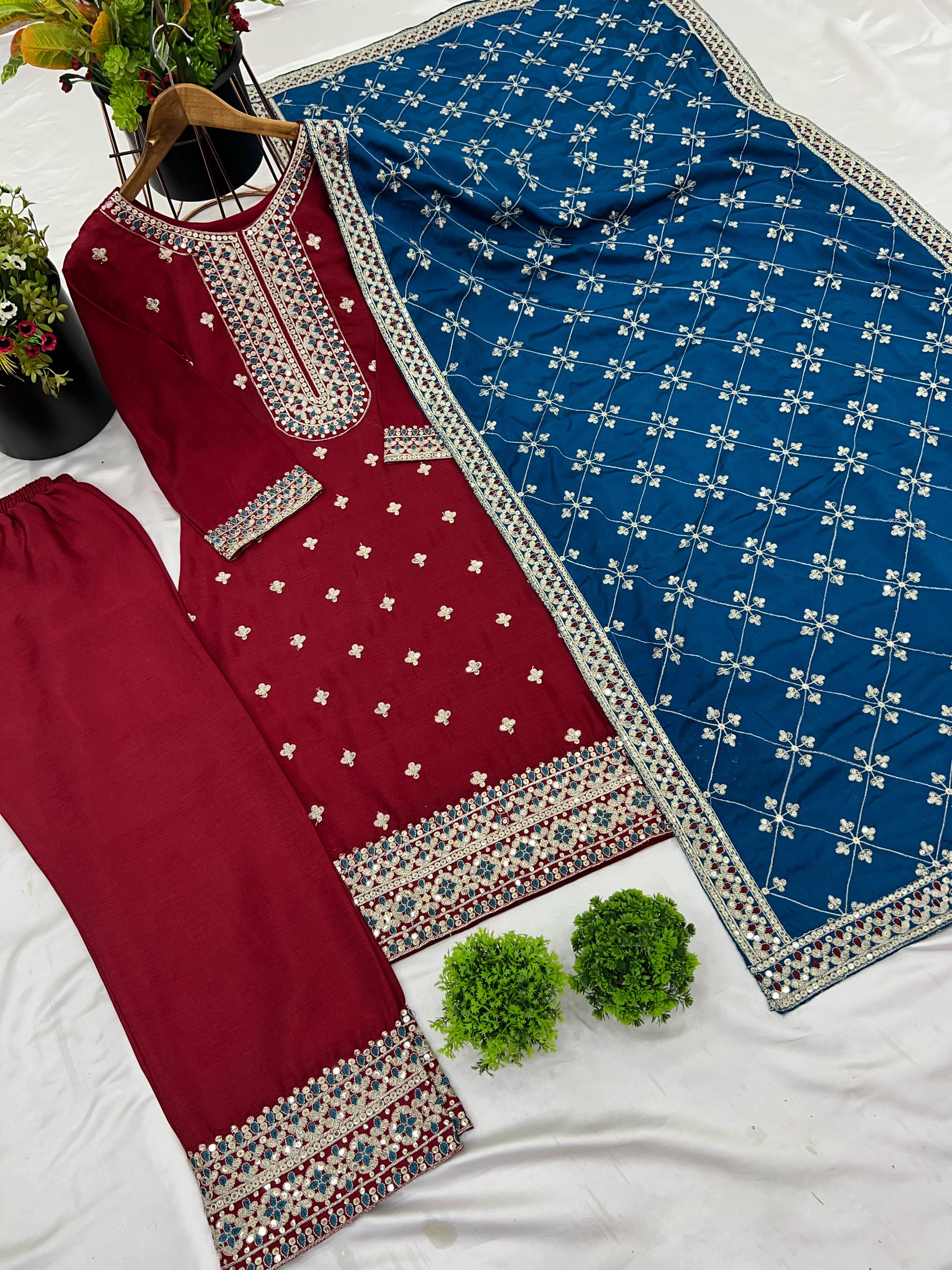 Red color chinon silk salwar suit with dupatta price