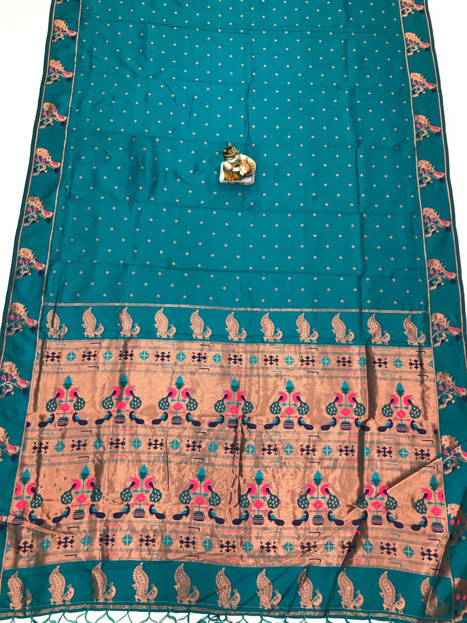 Rama color lichi silk saree for wedding