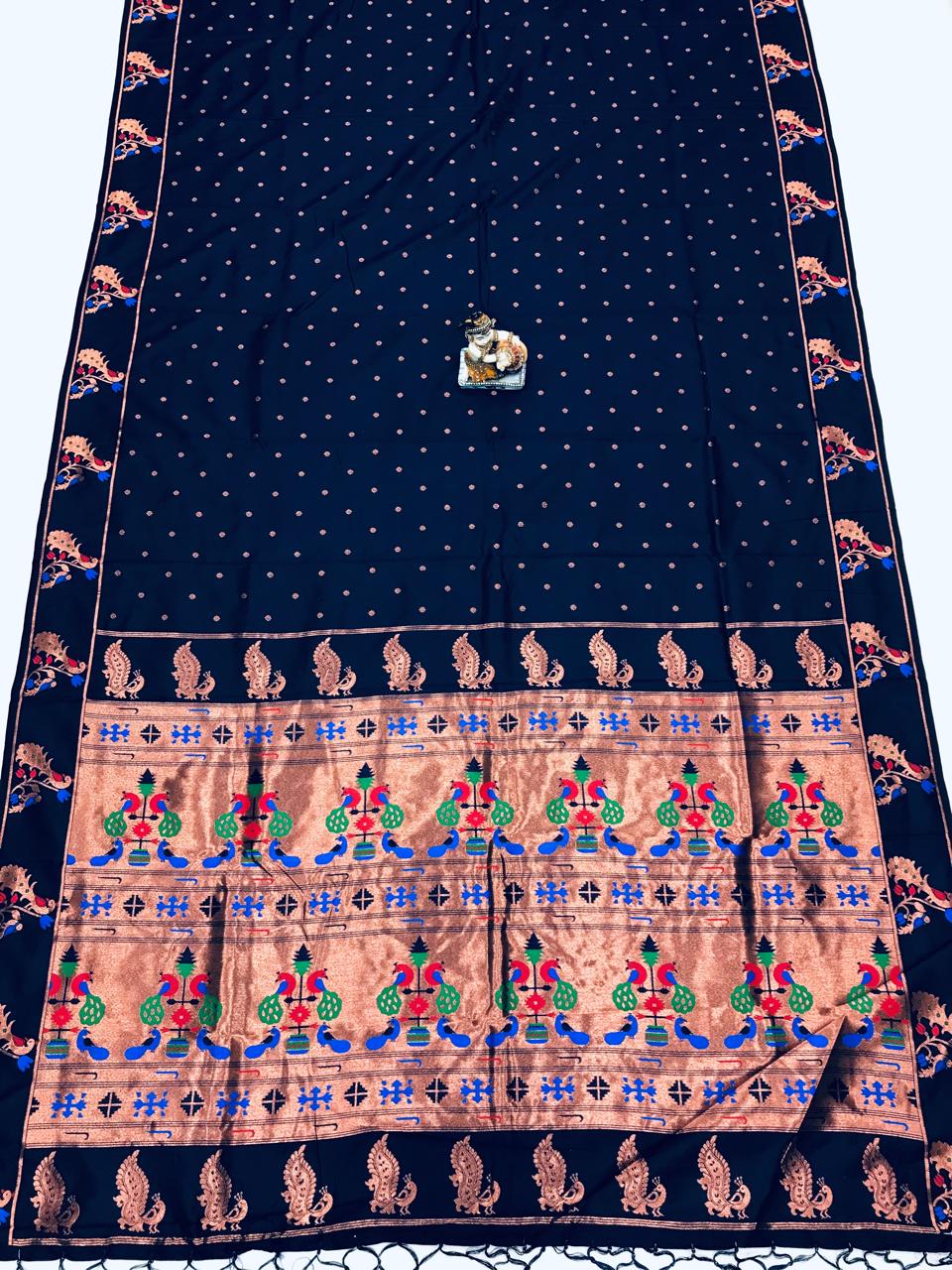 Navy blue color lichi silk saree for women