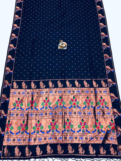 Navy blue color lichi silk saree for women