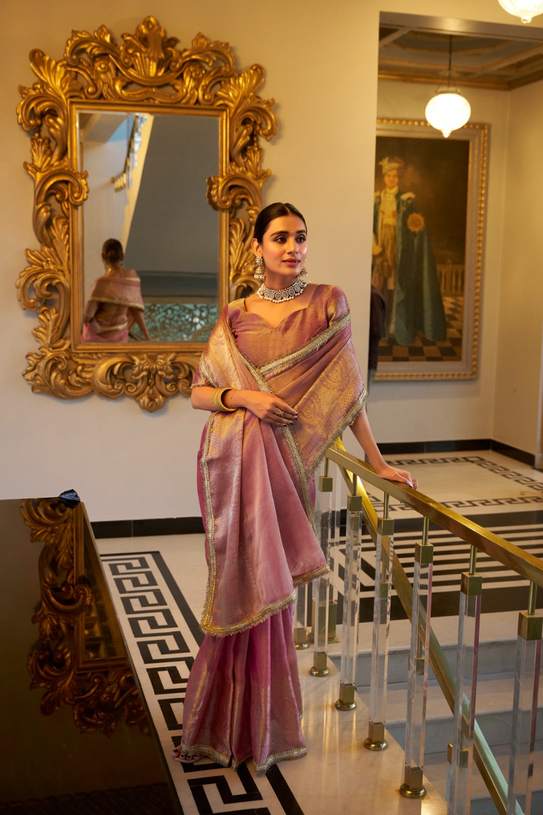 Light pink color tissue shimmer saree for wedding