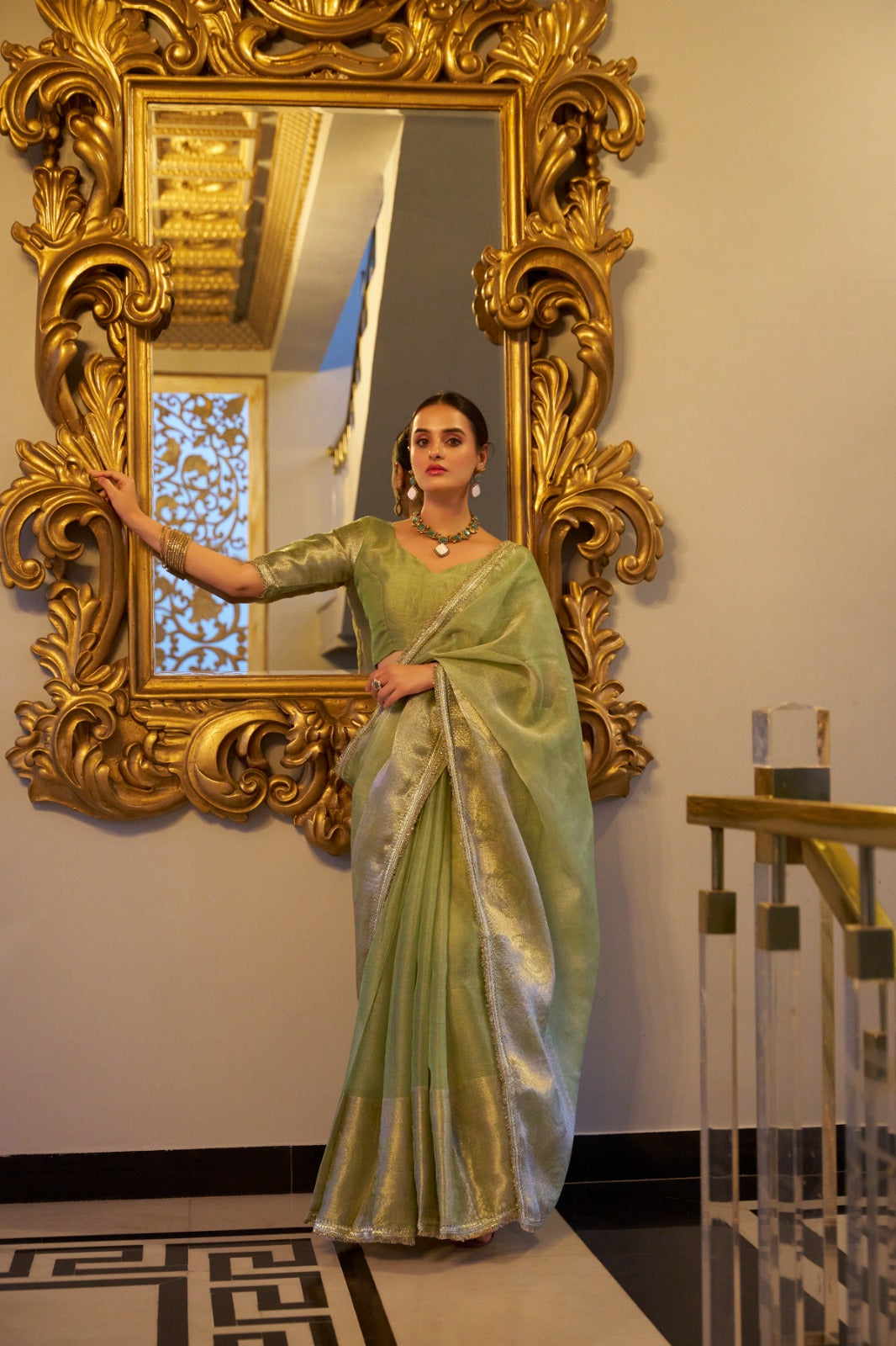 Pista color tissue shimmer saree for women