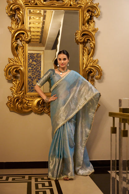 Sky color tissue shimmer saree for women