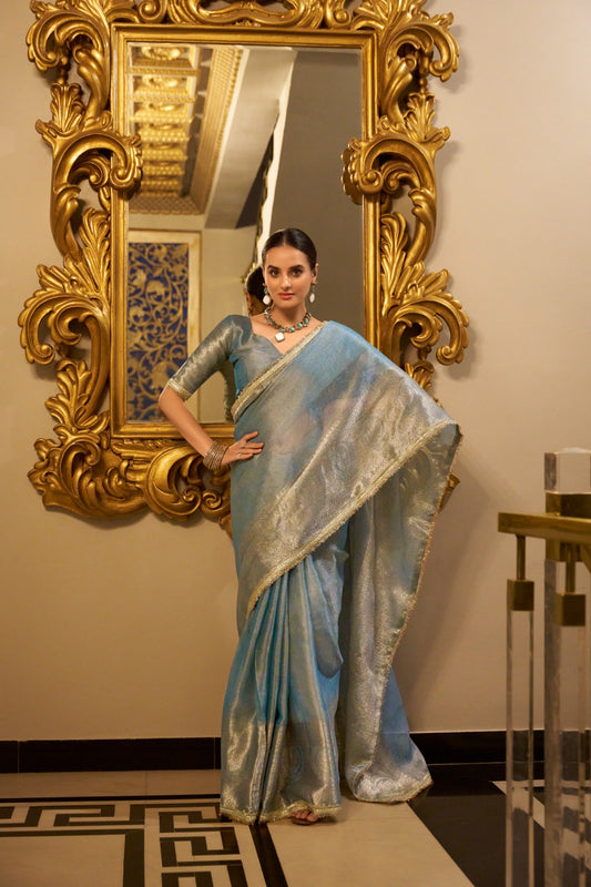 Sky color tissue shimmer saree for women