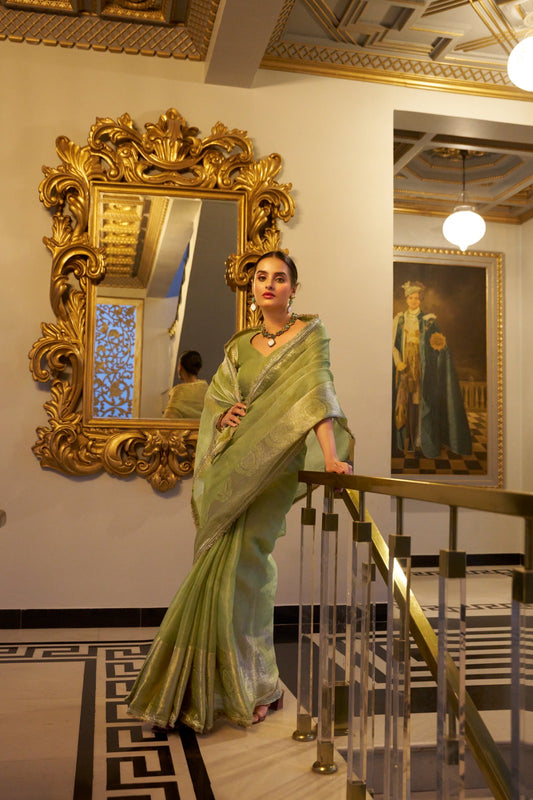 Pista color tissue shimmer saree for wedding
