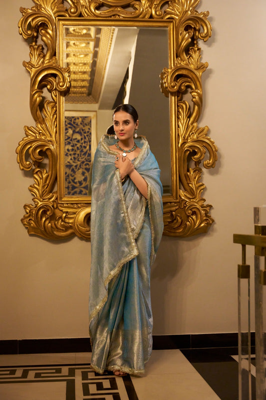 Sky color tissue shimmer saree for wedding