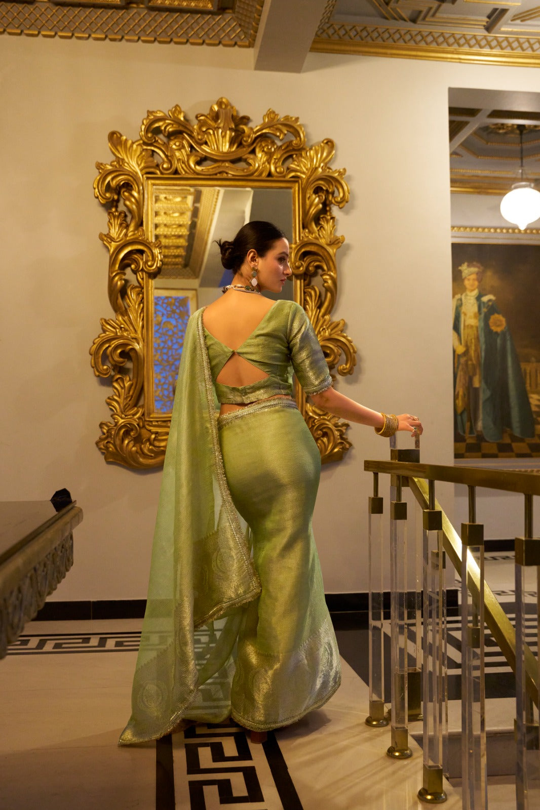 Pista color tissue shimmer saree with blouse price