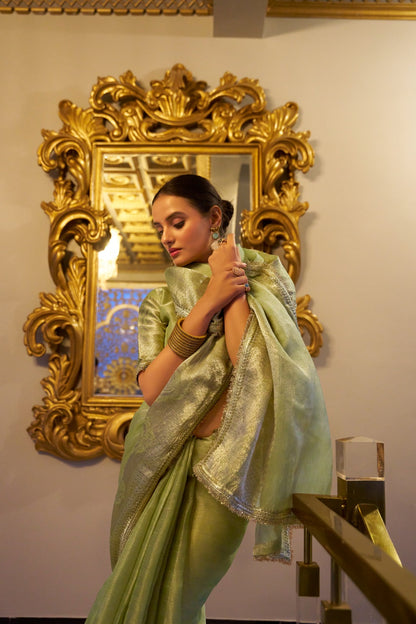Pista color tissue shimmer saree for party