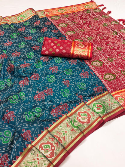 Presenting Green Color Patola Silk Weaving Saree For Farewell Party