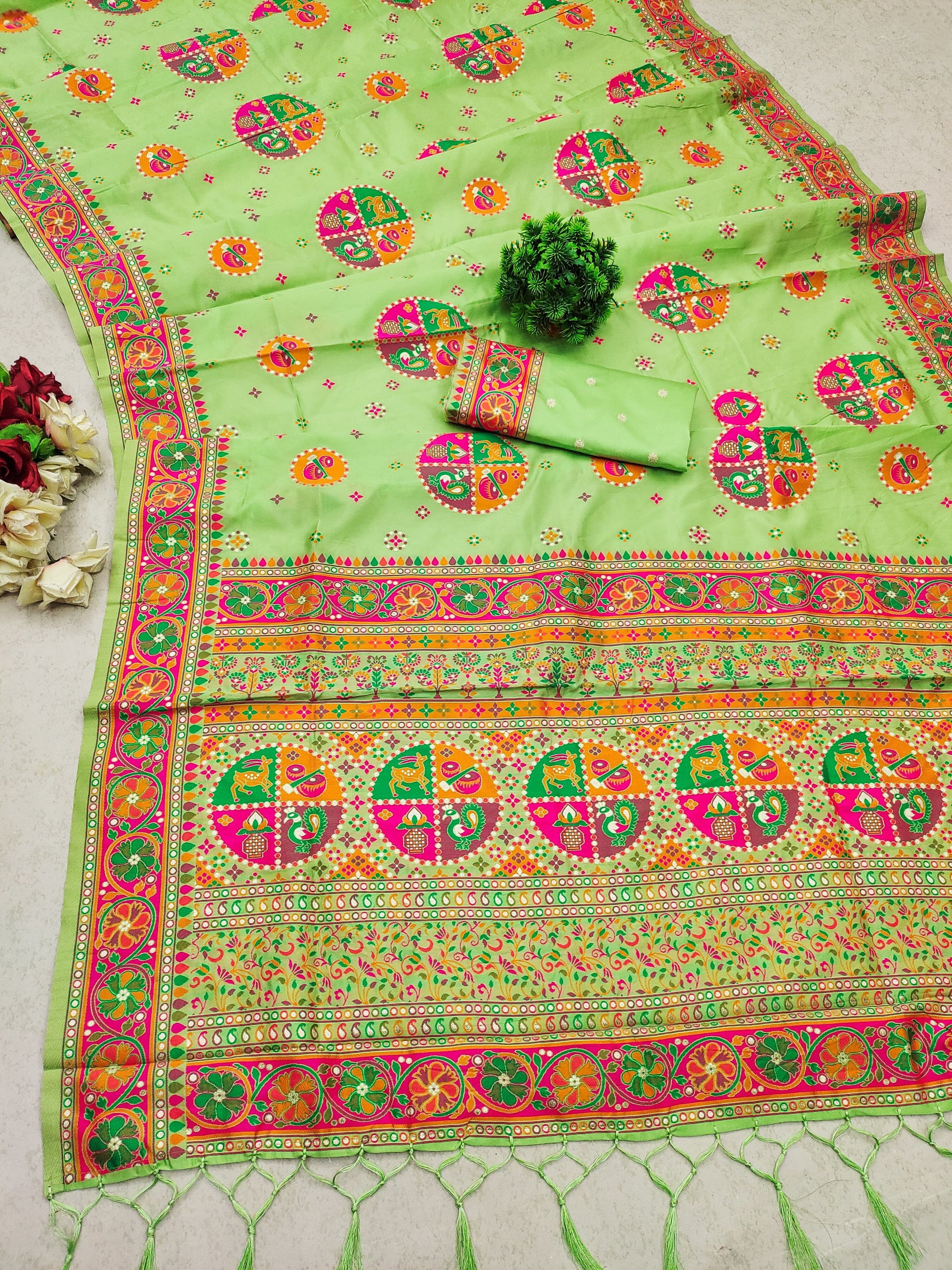 green color pashmina silk saree for women