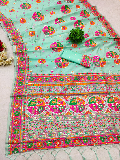 Sky color pashmina silk saree with blouse price