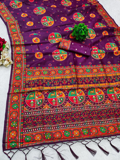 Wine color pashmina silk saree with blouse images
