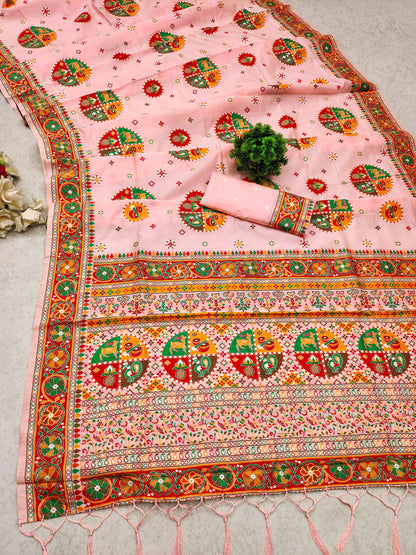 Peach color pashmina silk saree with blouse online shopping