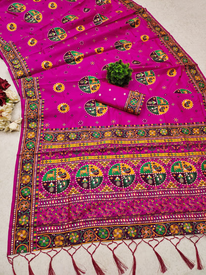 Pink color pashmina silk saree with blouse online shopping