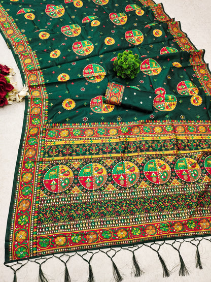 Green color pashmina silk saree with blouse price