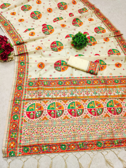 Off White color pashmina silk saree with blouse design