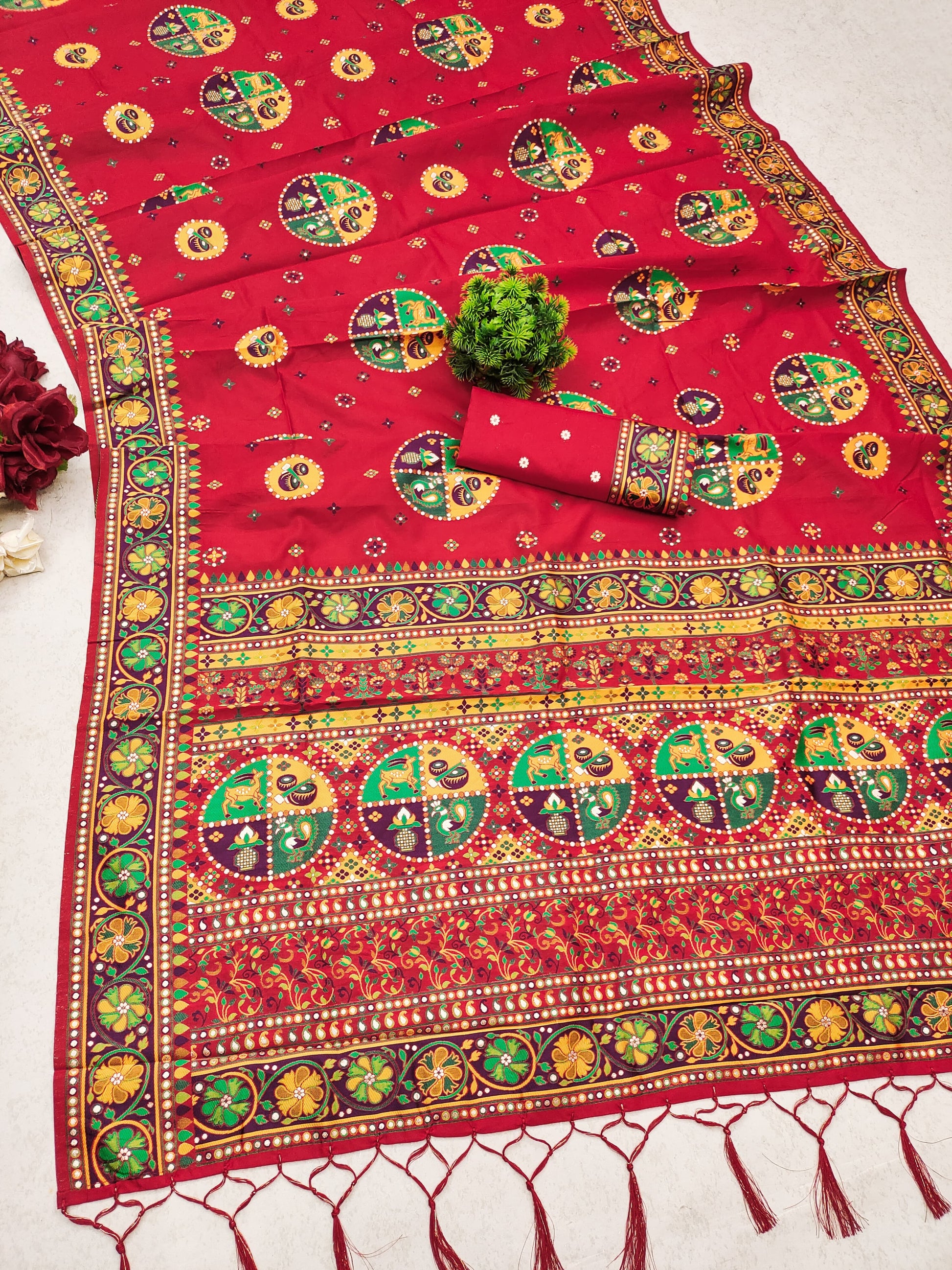 Red color pashmina silk saree for wedding