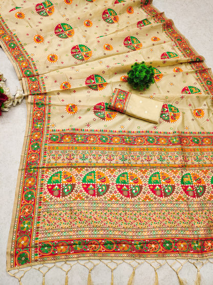 Beige color pashmina silk saree with blouse for party