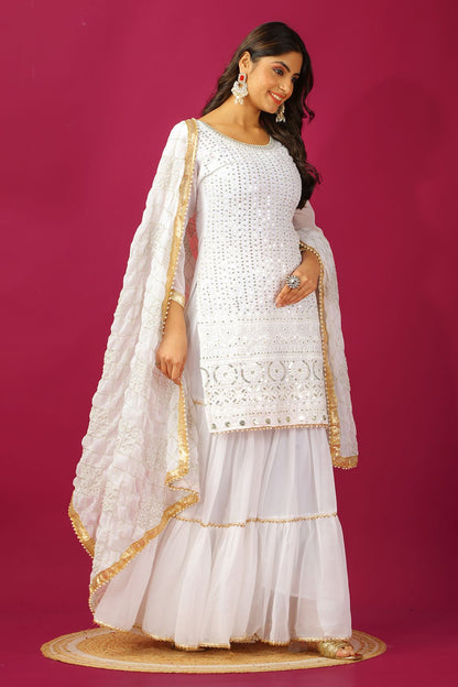 White color georgette sharara suit with dupatta