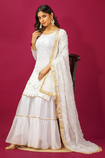 White color georgette sharara suit with dupatta online